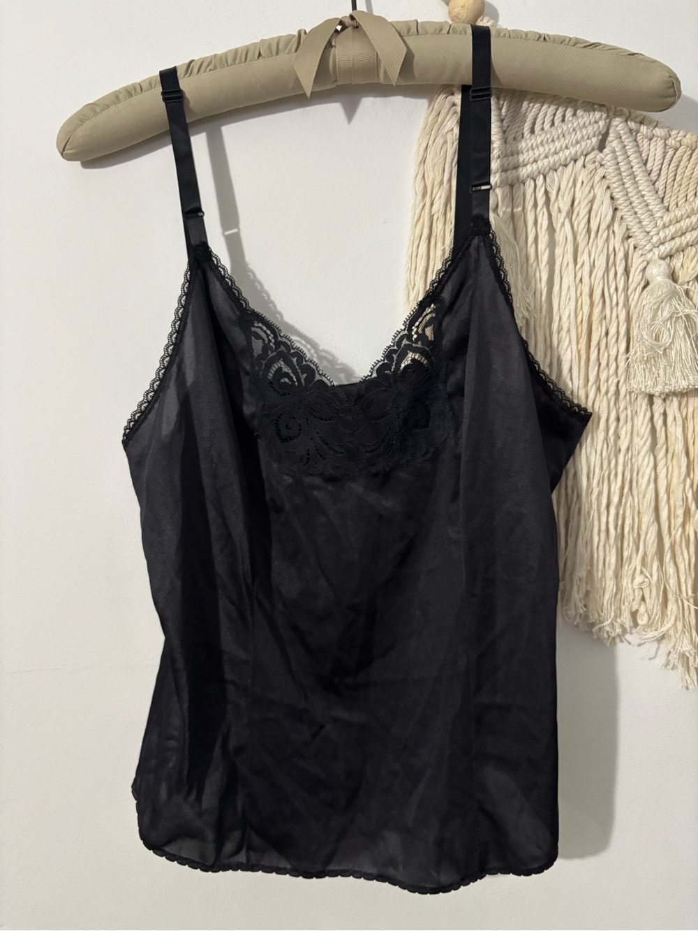 Vintage Bali Black Lace-Trim Satin Chemise Top